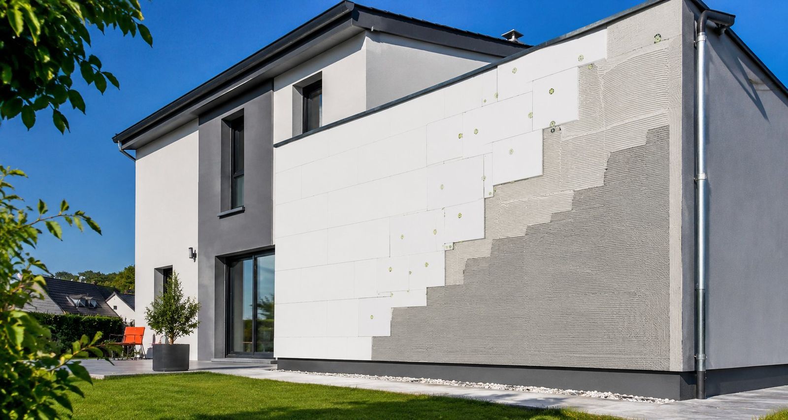 Façade de maison contemporaine isolée par l'extérieur